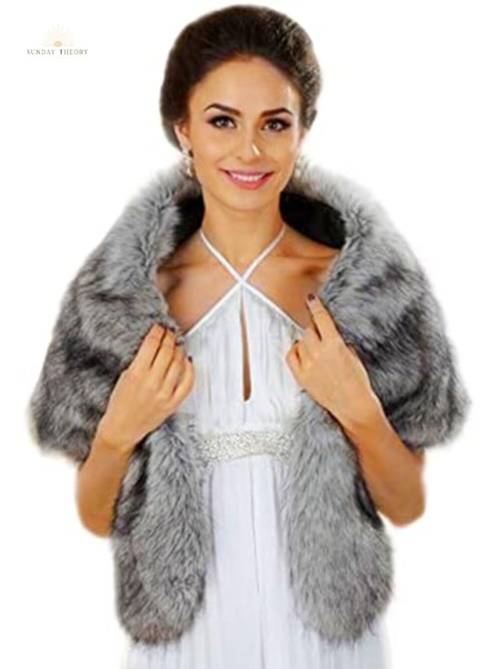 Faux Fur Bridal Shawl Wrap with Rhinestone Brooch Wedding Stole